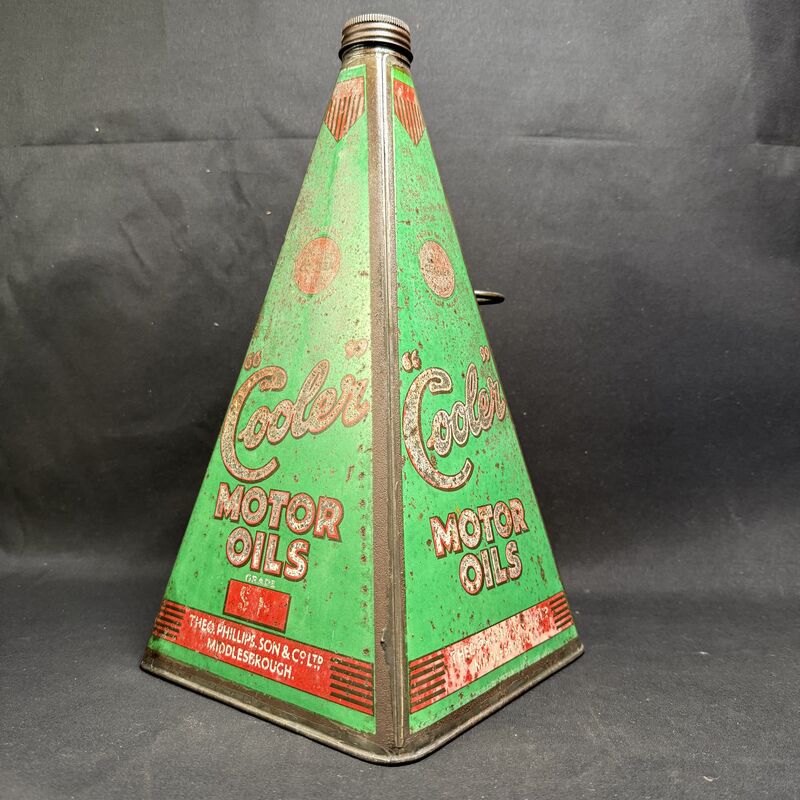 Rare green pyramid-shaped Cooler Motor Oils tin oil can