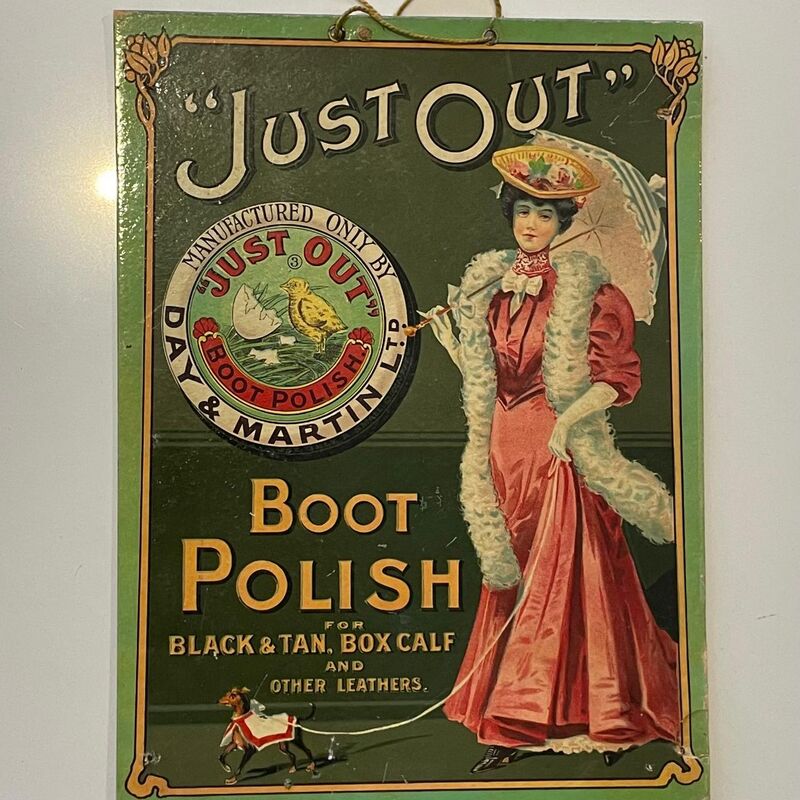 Day and Martin 'Just Out' boot polish showcard with an Edwardian lady in a red gown and feather boa